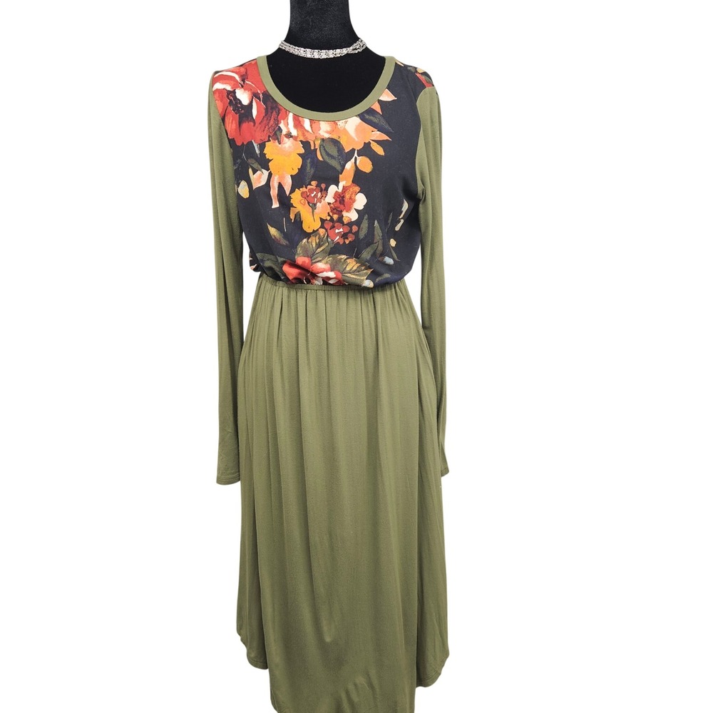 Audrey J Floral Olive Green Long Sleeve Empire Waist Midi Dress with Pockets